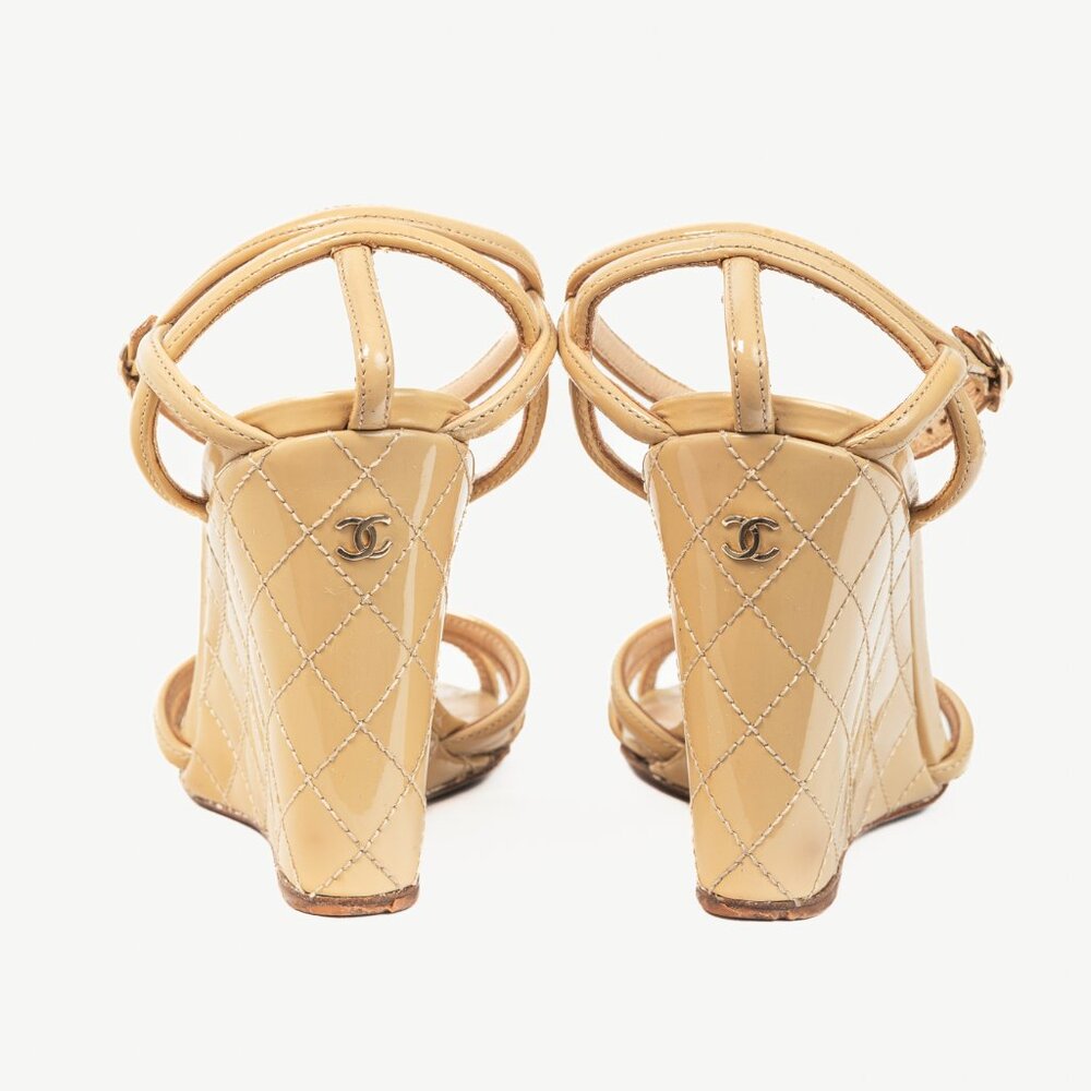 Chanel Beige Patent Leather Quilted-Wedge Sandals